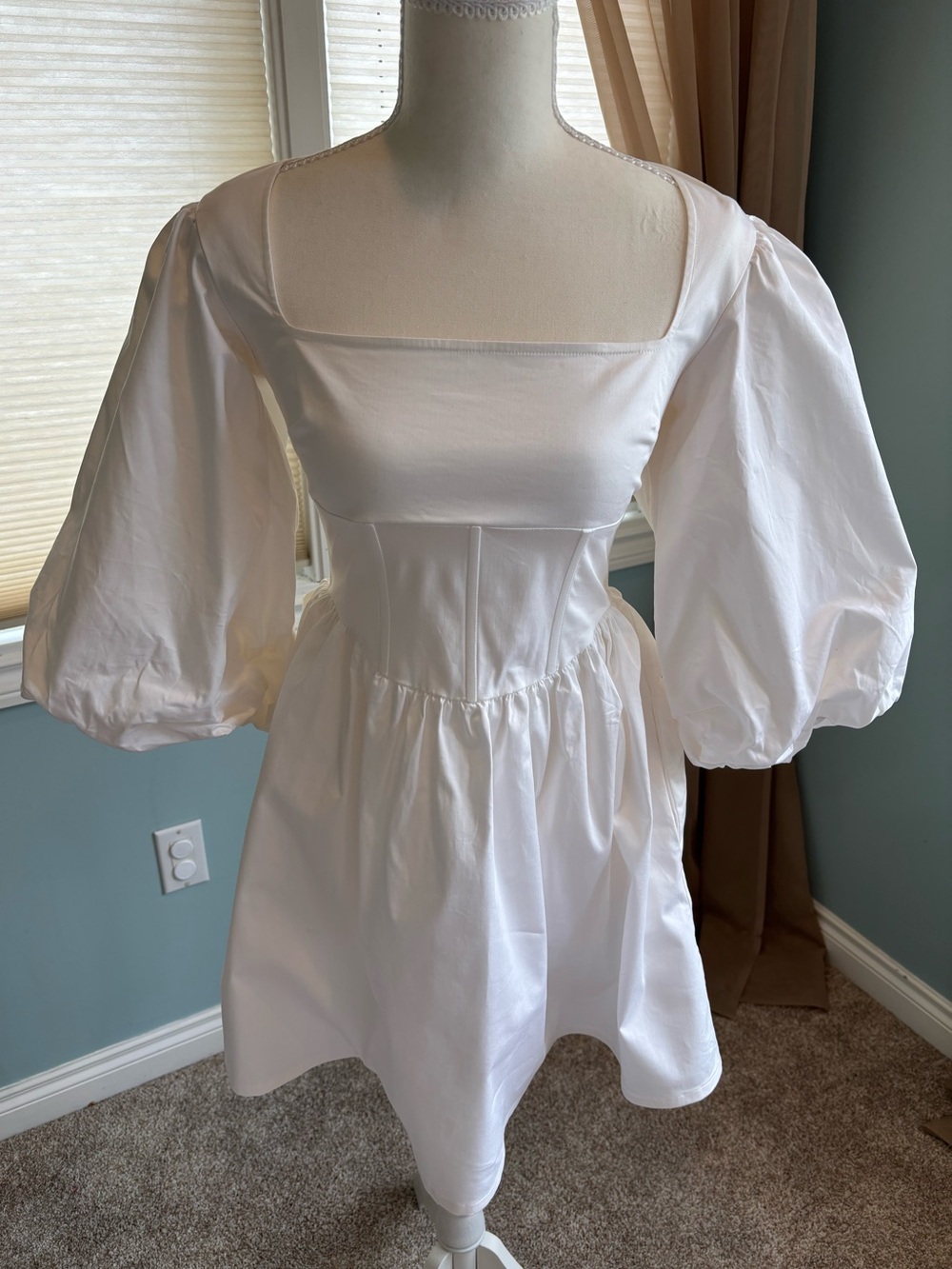 Danielle Bernstein White Puff Sleeve Square Neck Mini Cotton Corset Dress
